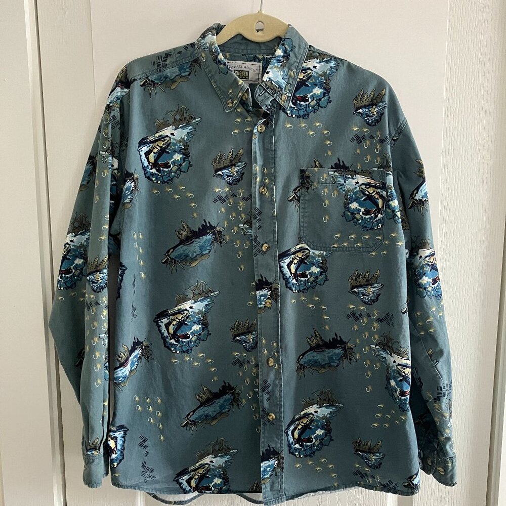 Michael Austin Rugged Wear Men's Shirt Size M Green Fishing Print Long Sleeves